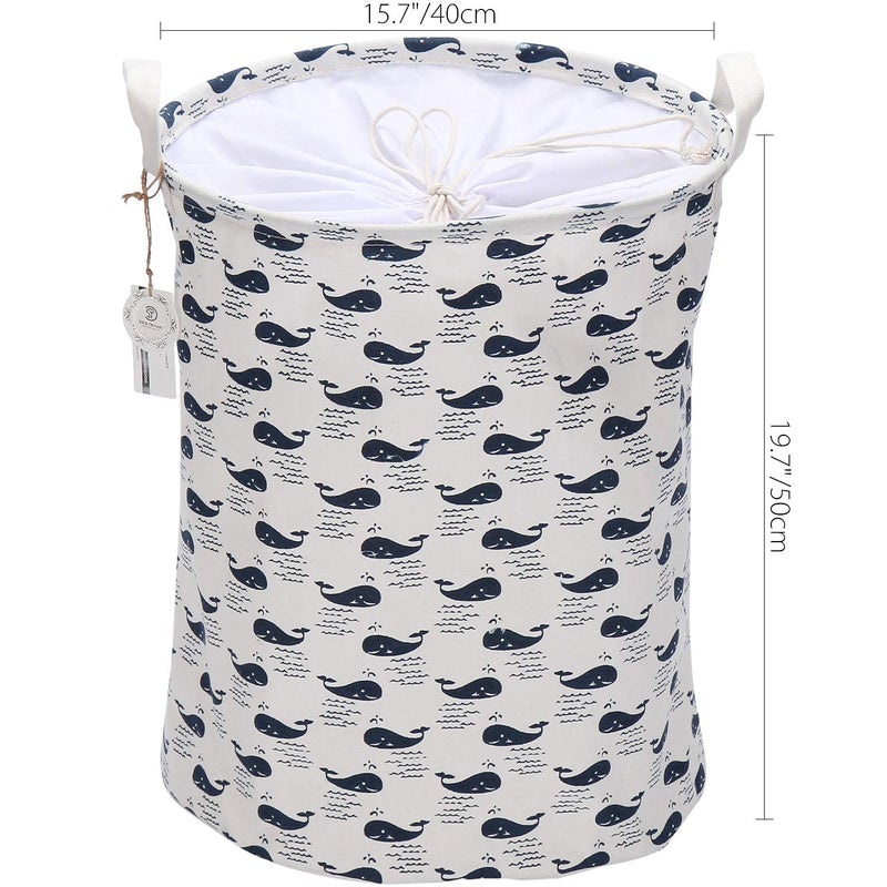 Sea Team 19.7" x 15.7" Large Sized Folding Cylindric Waterproof Coating Canvas Fabric Laundry Hamper Storage Basket with Drawstring Cover, Whale - Image 2